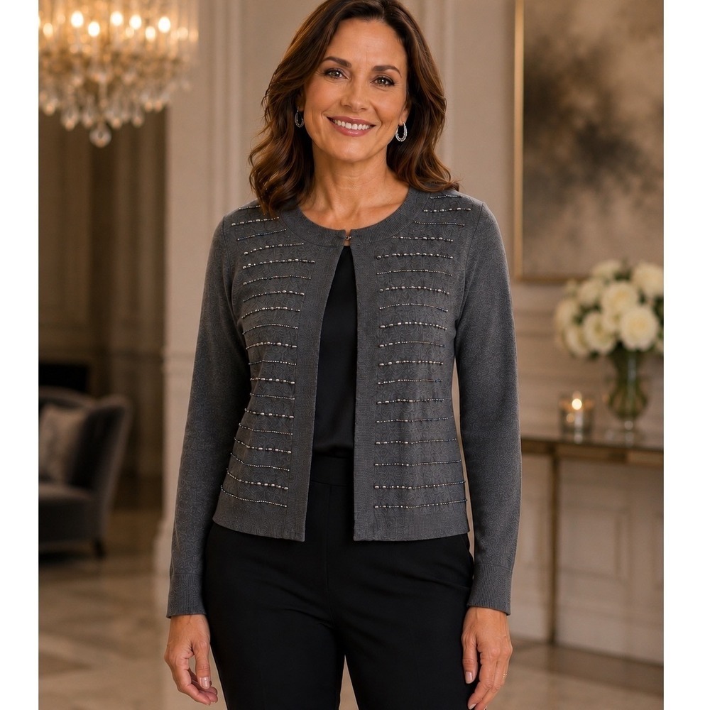 Talbots Beaded Cardigan Sweater L Gray Lambswool Blend Open Front Party Event